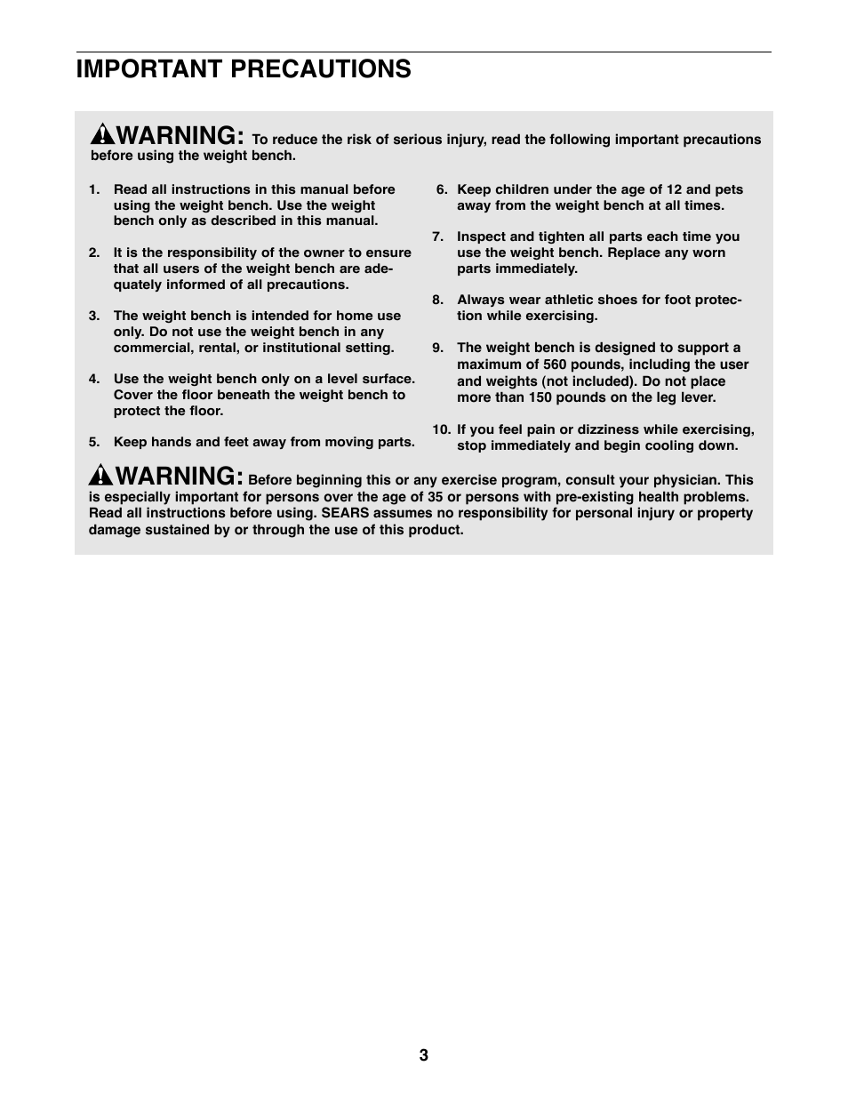 Warning, Important precautions | Weider XT20 User Manual | Page 3 / 16
