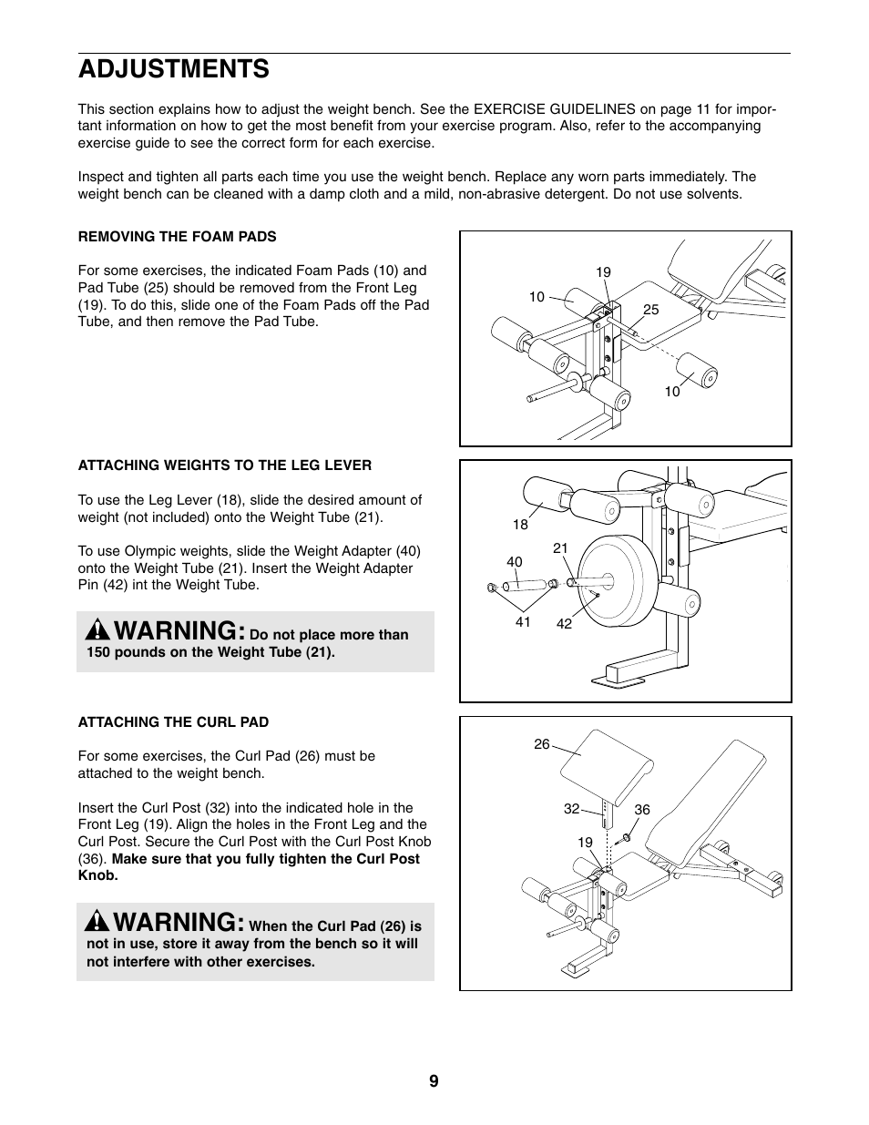 Warning, Adjustments | Weider XT20 User Manual | Page 9 / 16