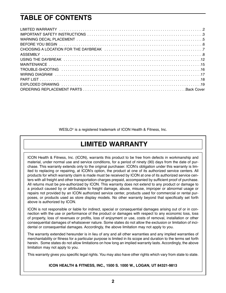 Weslo Daybreak SPRW52464 User Manual | Page 2 / 20