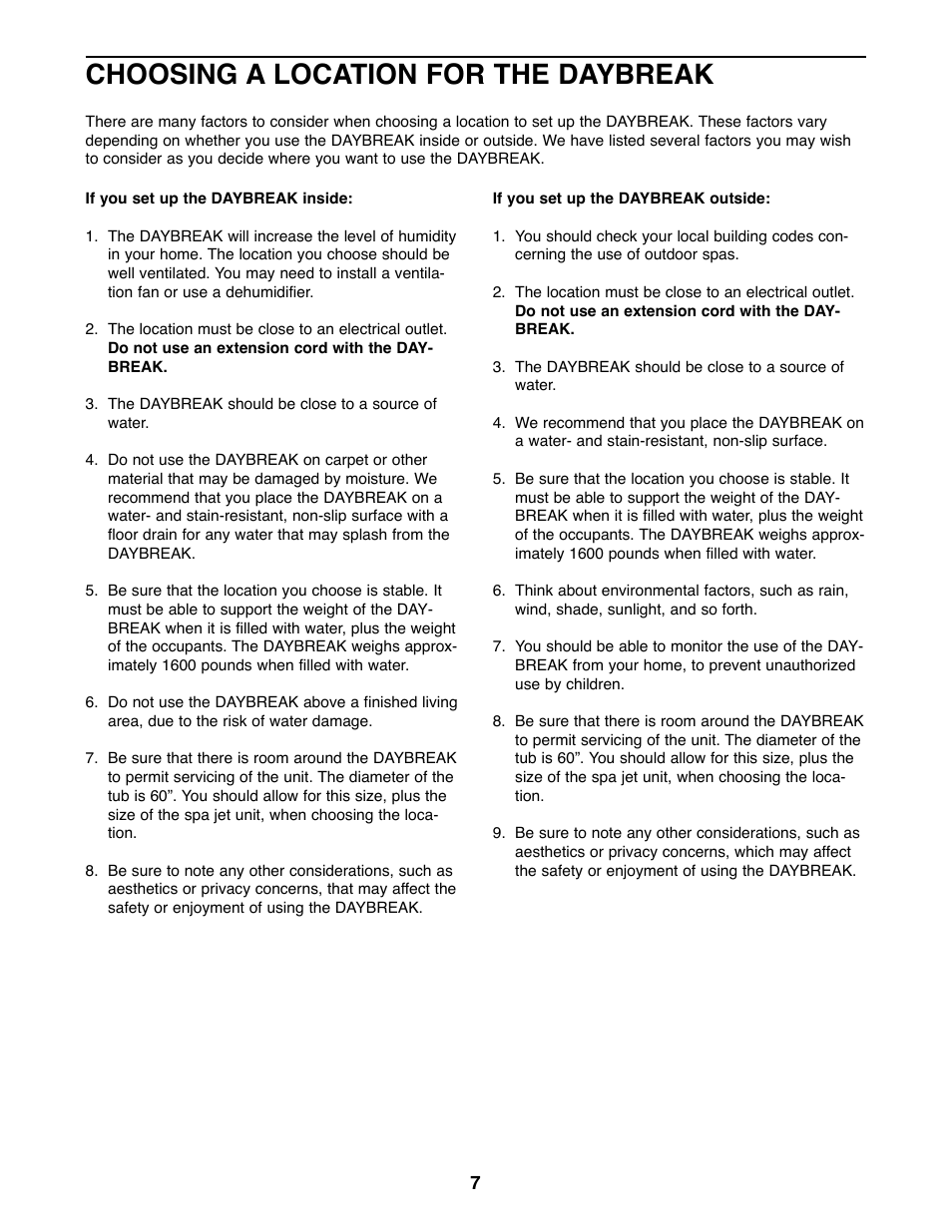 Choosing a location for the daybreak | Weslo Daybreak SPRW52464 User Manual | Page 7 / 20