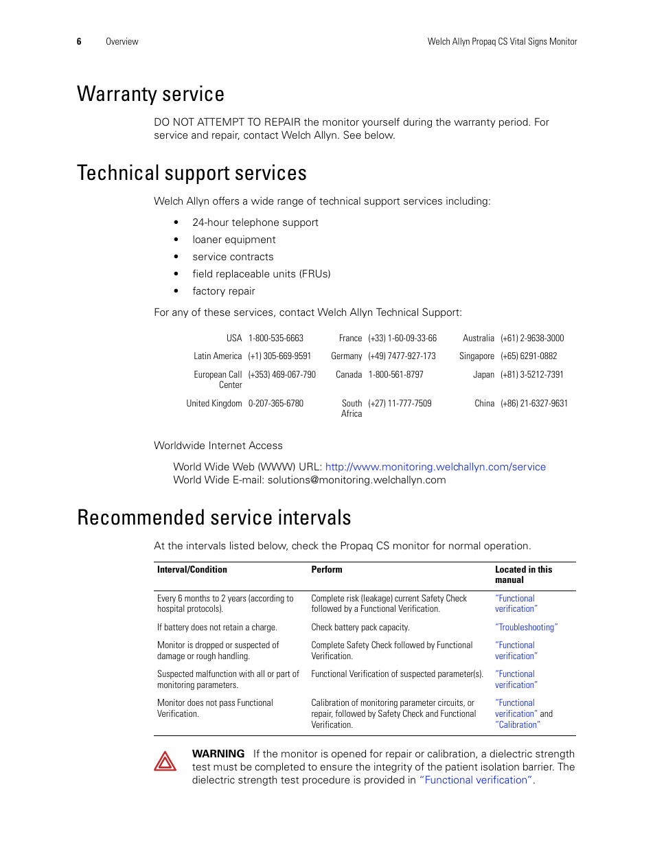 Warranty service, Technical support services, Recommended service intervals | Welch Allyn PROPAQ CS User Manual | Page 10 / 142