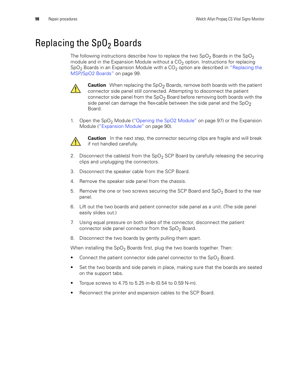 Replacing the spo2 boards, Replacing the spo, Boards | Welch Allyn PROPAQ CS User Manual | Page 102 / 142