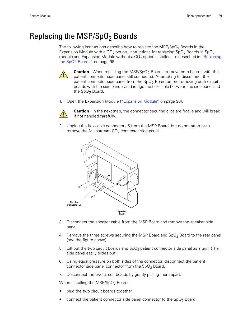 Replacing the msp/spo2 boards, Replacing the msp/spo, Replacing the | Msp/spo2 boards, Boards | Welch Allyn PROPAQ CS User Manual | Page 103 / 142