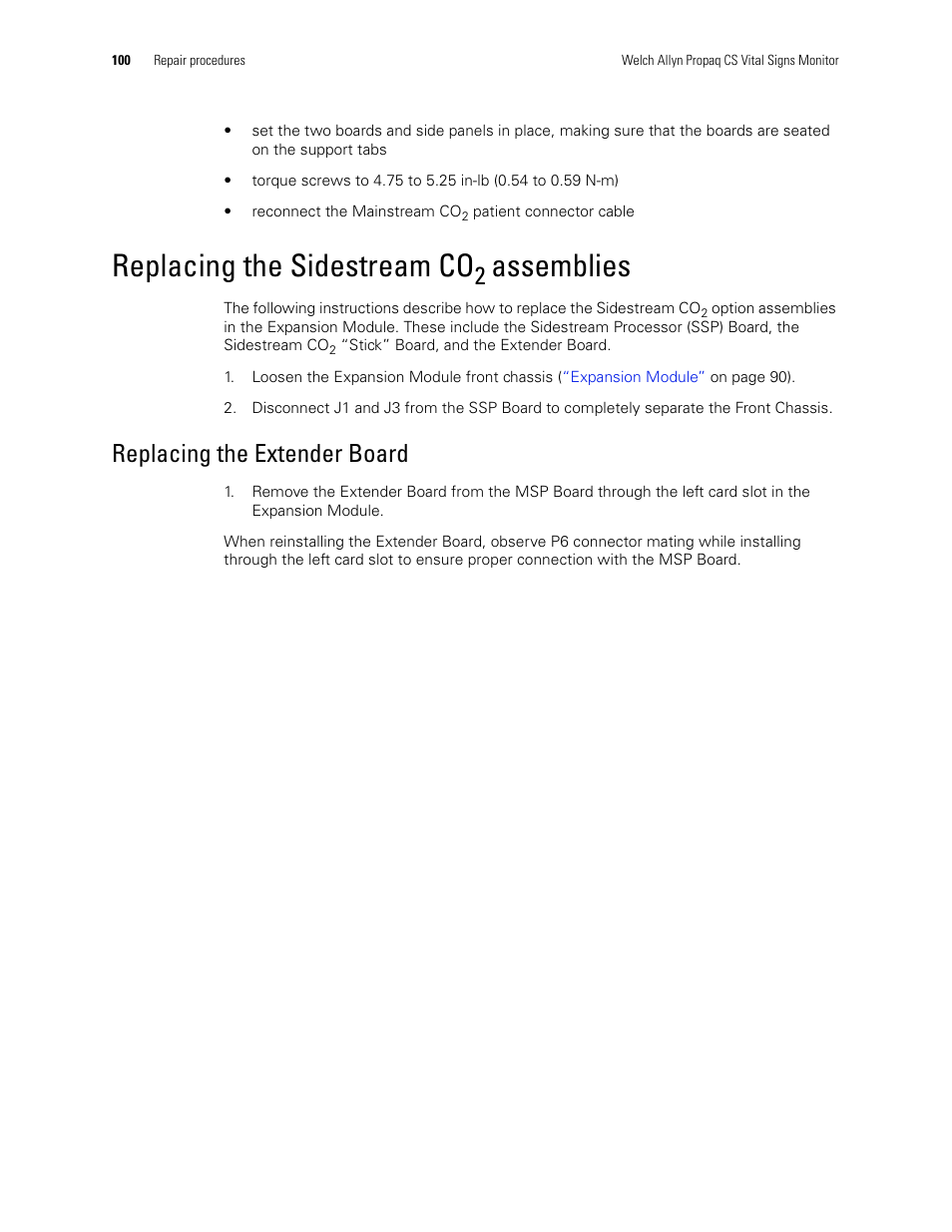 Replacing the sidestream co2 assemblies, Replacing the sidestream co2, Replacing the extender board | Assemblies, Replacing the sidestream co | Welch Allyn PROPAQ CS User Manual | Page 104 / 142