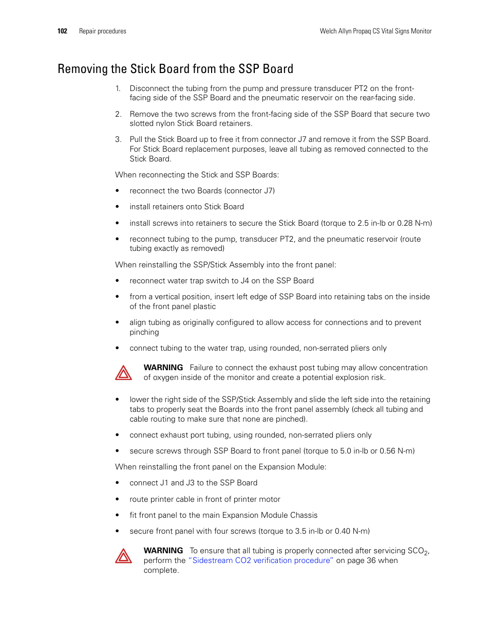 Removing the stick board from the ssp board | Welch Allyn PROPAQ CS User Manual | Page 106 / 142