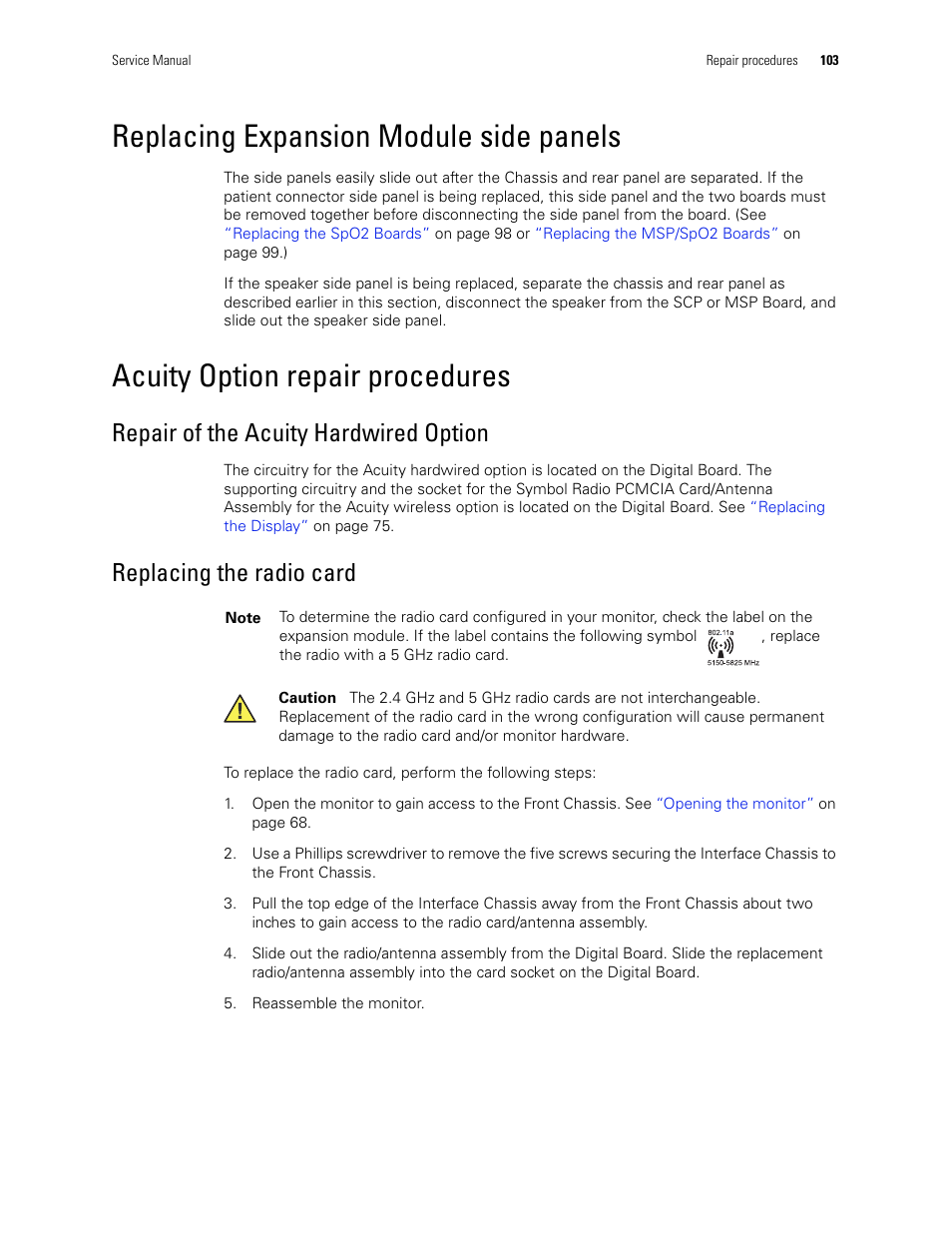 Replacing expansion module side panels, Acuity option repair procedures, Repair of the acuity hardwired option | Replacing the radio card | Welch Allyn PROPAQ CS User Manual | Page 107 / 142