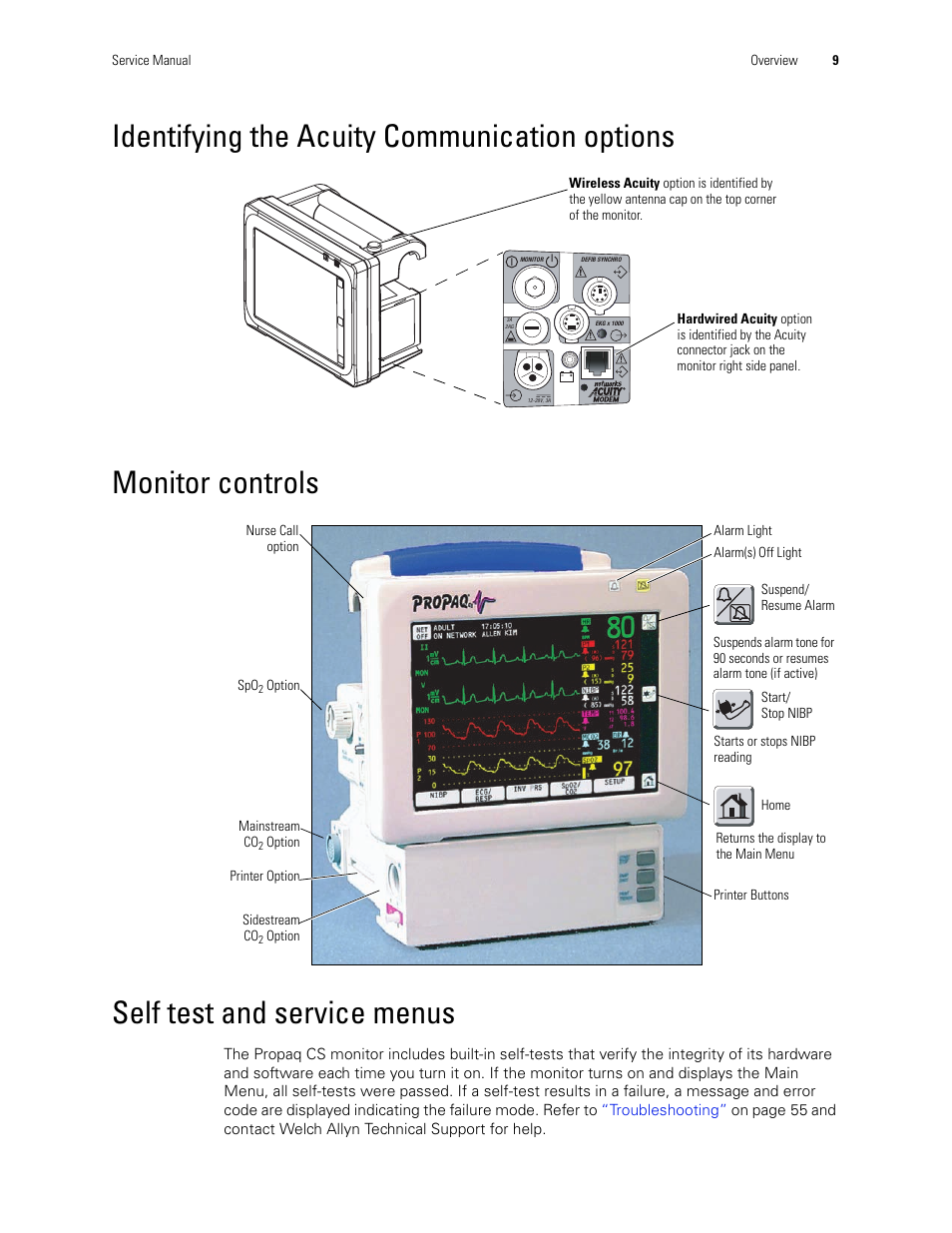 Identifying the acuity communication options, Monitor controls, Self test and service menus | Welch Allyn PROPAQ CS User Manual | Page 13 / 142