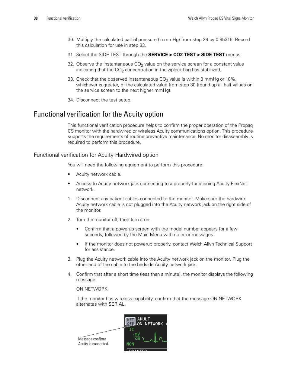 Functional verification for the acuity option | Welch Allyn PROPAQ CS User Manual | Page 42 / 142