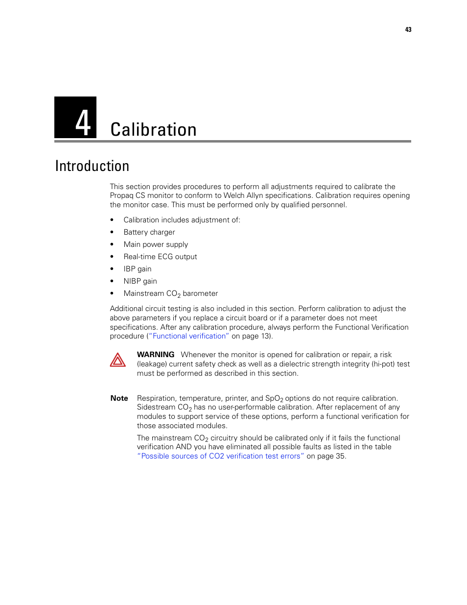 Calibration, Introduction, 4 - calibration | Welch Allyn PROPAQ CS User Manual | Page 47 / 142