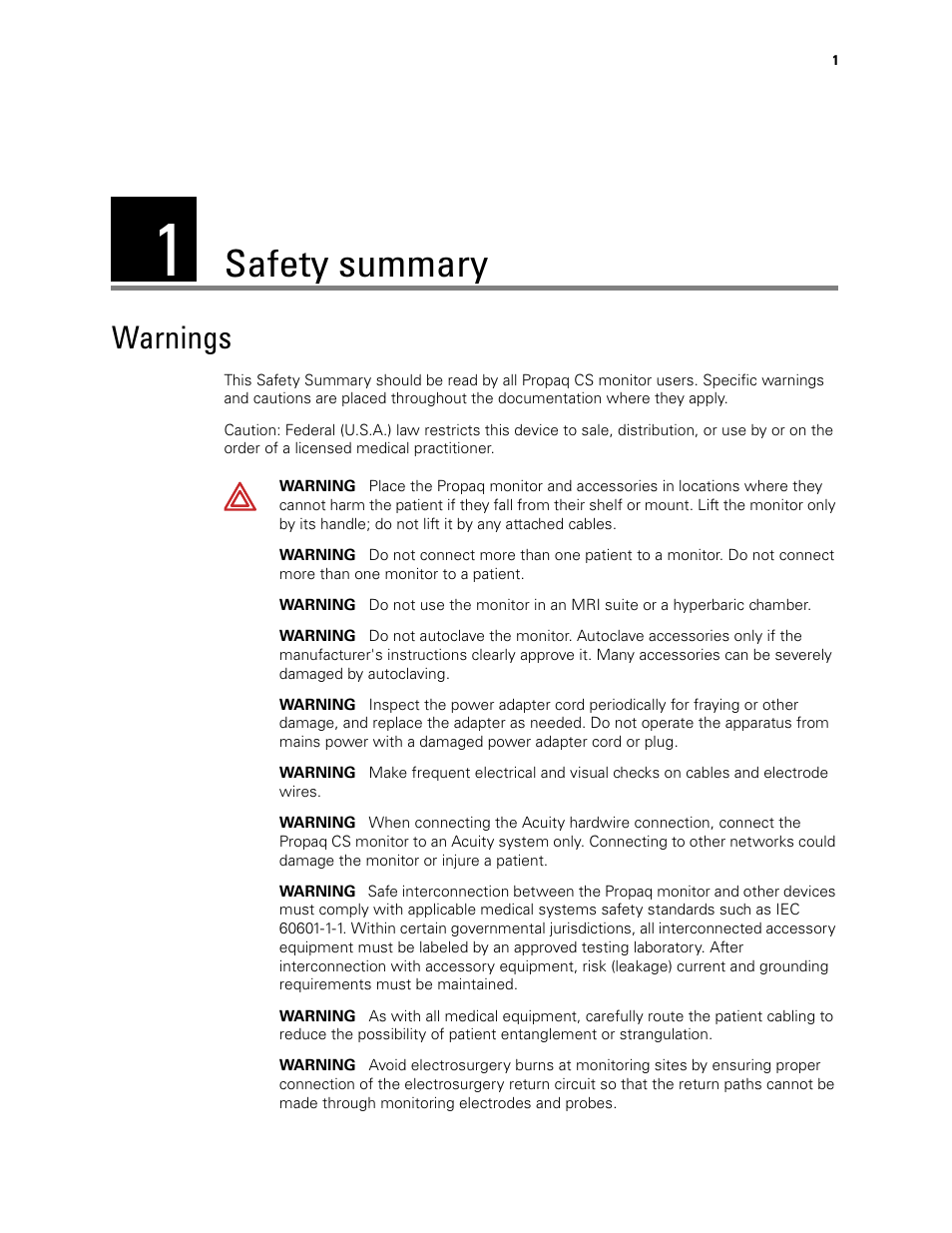 Safety summary, Warnings, 1 - safety summary | Welch Allyn PROPAQ CS User Manual | Page 5 / 142