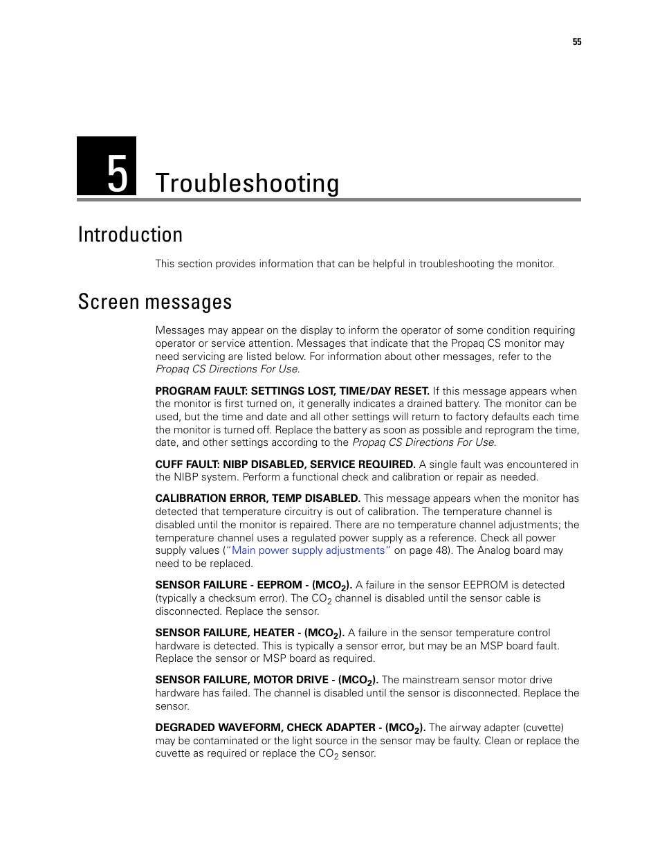 Troubleshooting, Introduction, Screen messages | 5 - troubleshooting, Introduction screen messages | Welch Allyn PROPAQ CS User Manual | Page 59 / 142