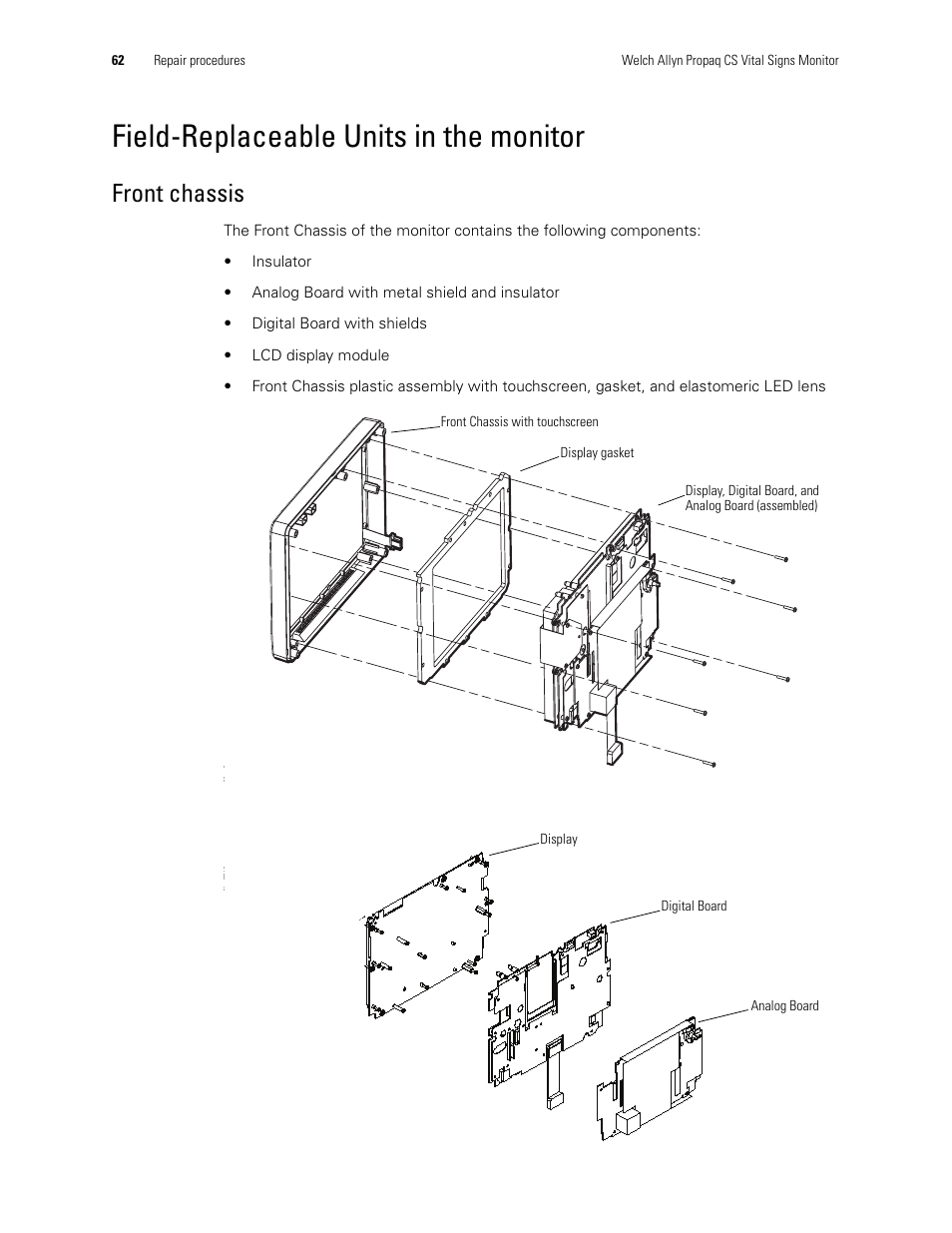 Field-replaceable units in the monitor, Front chassis | Welch Allyn PROPAQ CS User Manual | Page 66 / 142