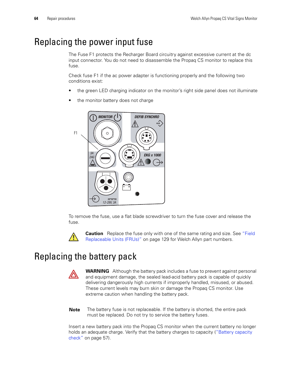 Replacing the power input fuse, Replacing the battery pack | Welch Allyn PROPAQ CS User Manual | Page 68 / 142