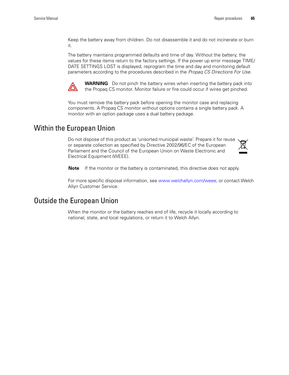 Within the european union, Outside the european union | Welch Allyn PROPAQ CS User Manual | Page 69 / 142