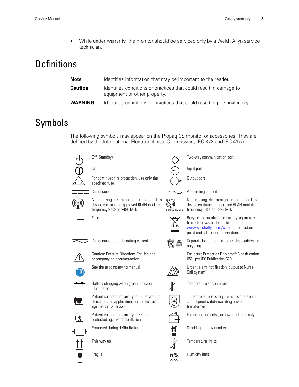 Definitions, Symbols, Definitions symbols | Welch Allyn PROPAQ CS User Manual | Page 7 / 142