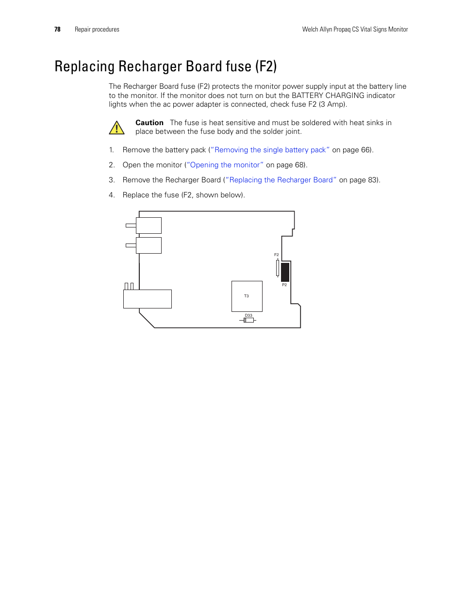 Replacing recharger board fuse (f2) | Welch Allyn PROPAQ CS User Manual | Page 82 / 142