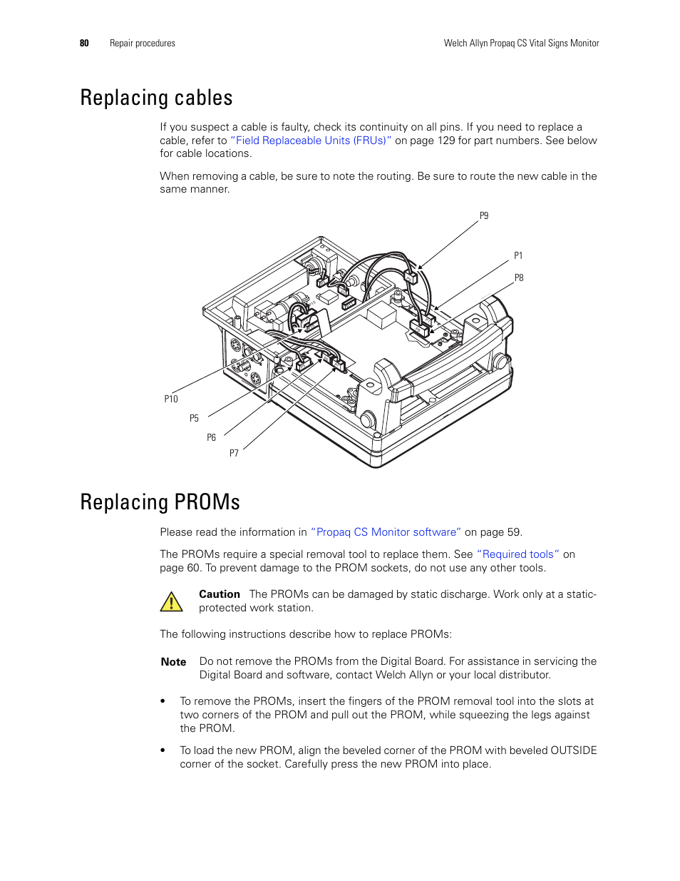 Replacing cables, Replacing proms, Replacing cables replacing proms | Welch Allyn PROPAQ CS User Manual | Page 84 / 142