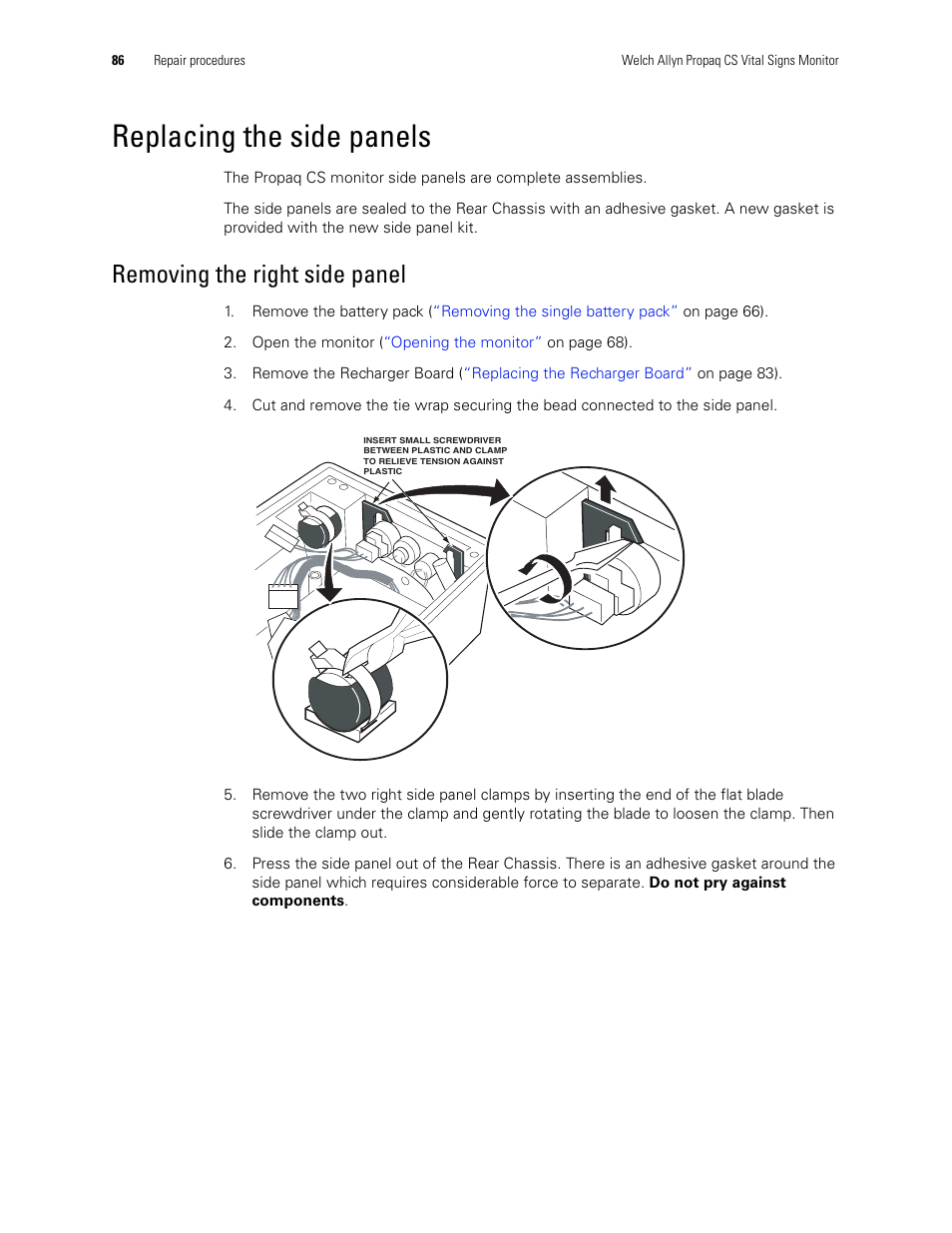 Replacing the side panels, Removing the right side panel | Welch Allyn PROPAQ CS User Manual | Page 90 / 142