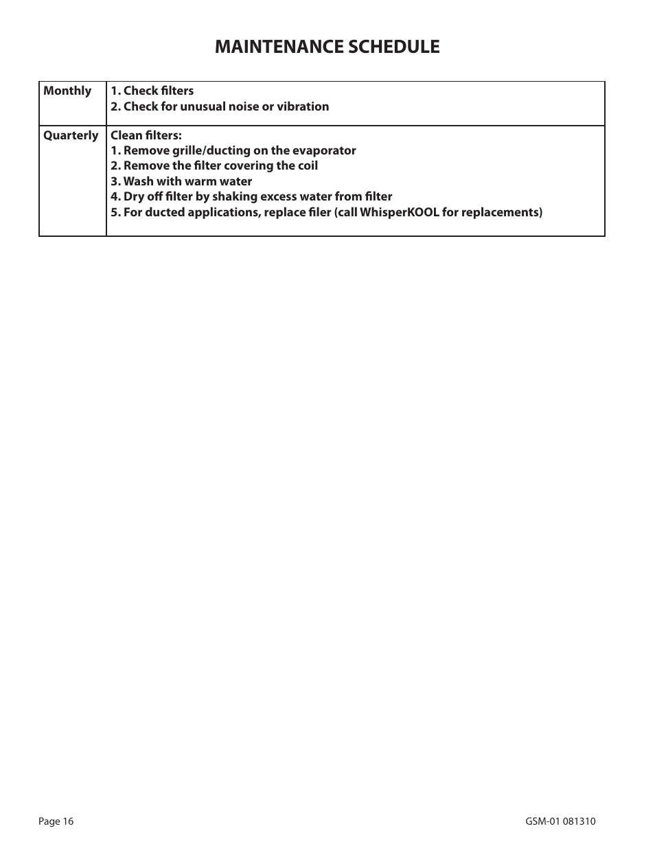 Maintenance schedule | WhisperKool 081310 User Manual | Page 18 / 34