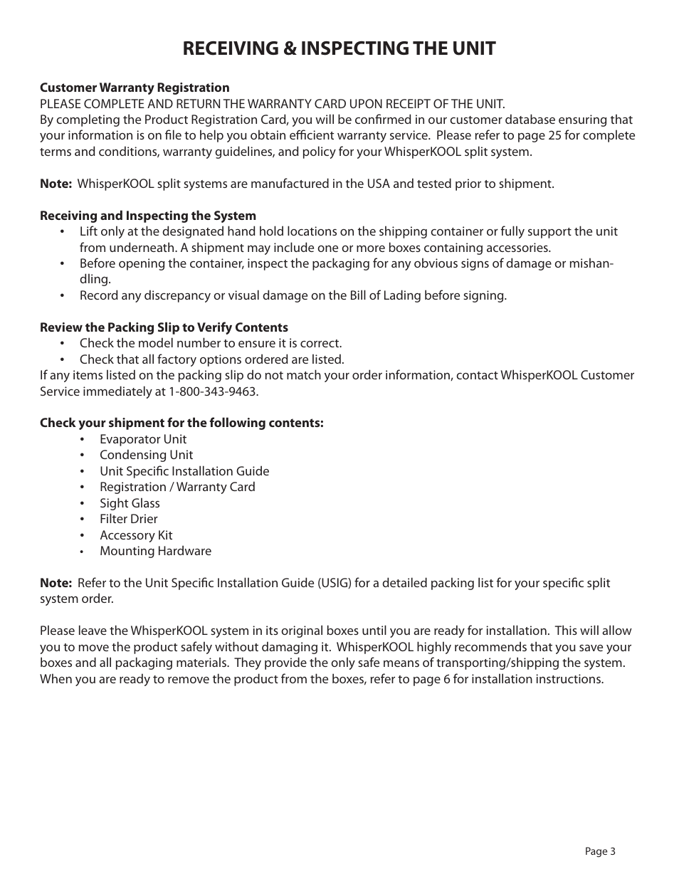 Receiving & inspecting the unit | WhisperKool 081310 User Manual | Page 5 / 34