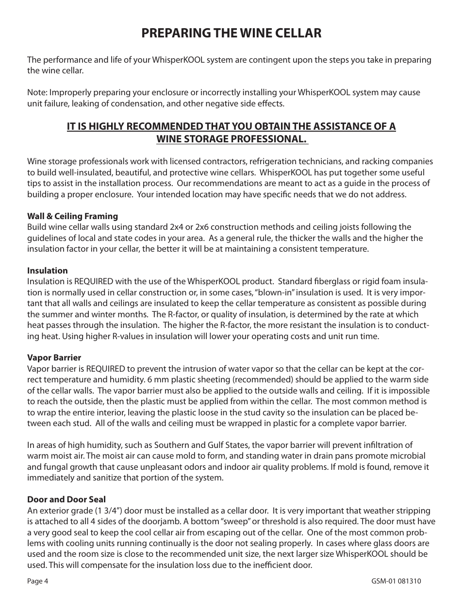 Preparing the wine cellar | WhisperKool 081310 User Manual | Page 6 / 34