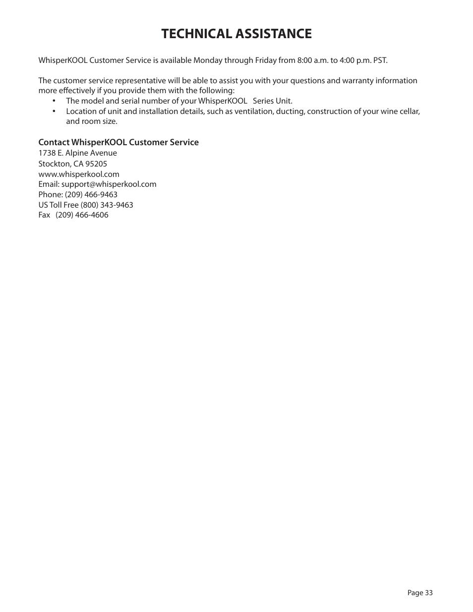 Technical assistance | WhisperKool Extreme 8000 User Manual | Page 33 / 38
