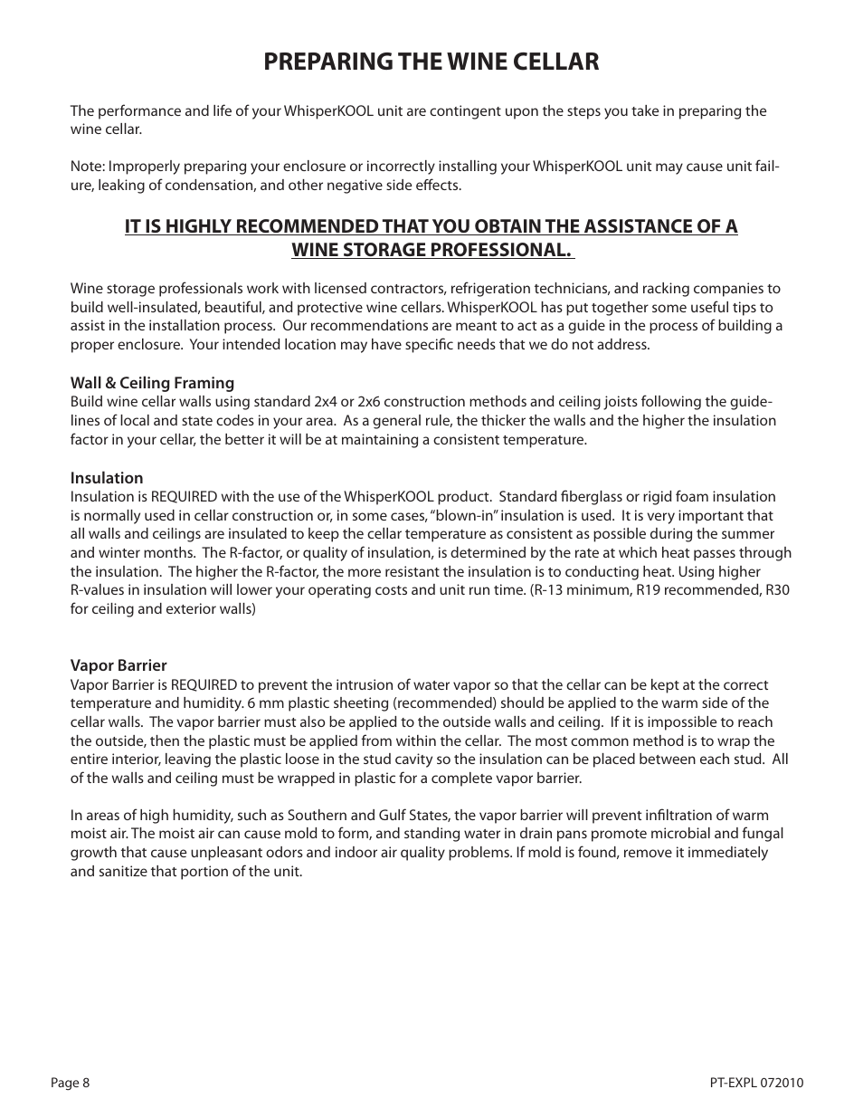 Preparing the wine cellar | WhisperKool Extreme 8000 User Manual | Page 8 / 38