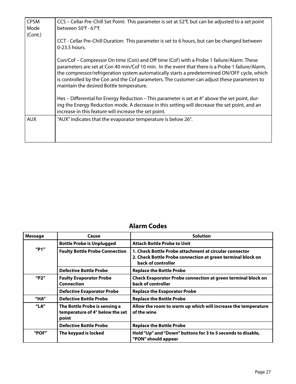 Alarm codes | WhisperKool EXTREME 5000TIR User Manual | Page 27 / 42