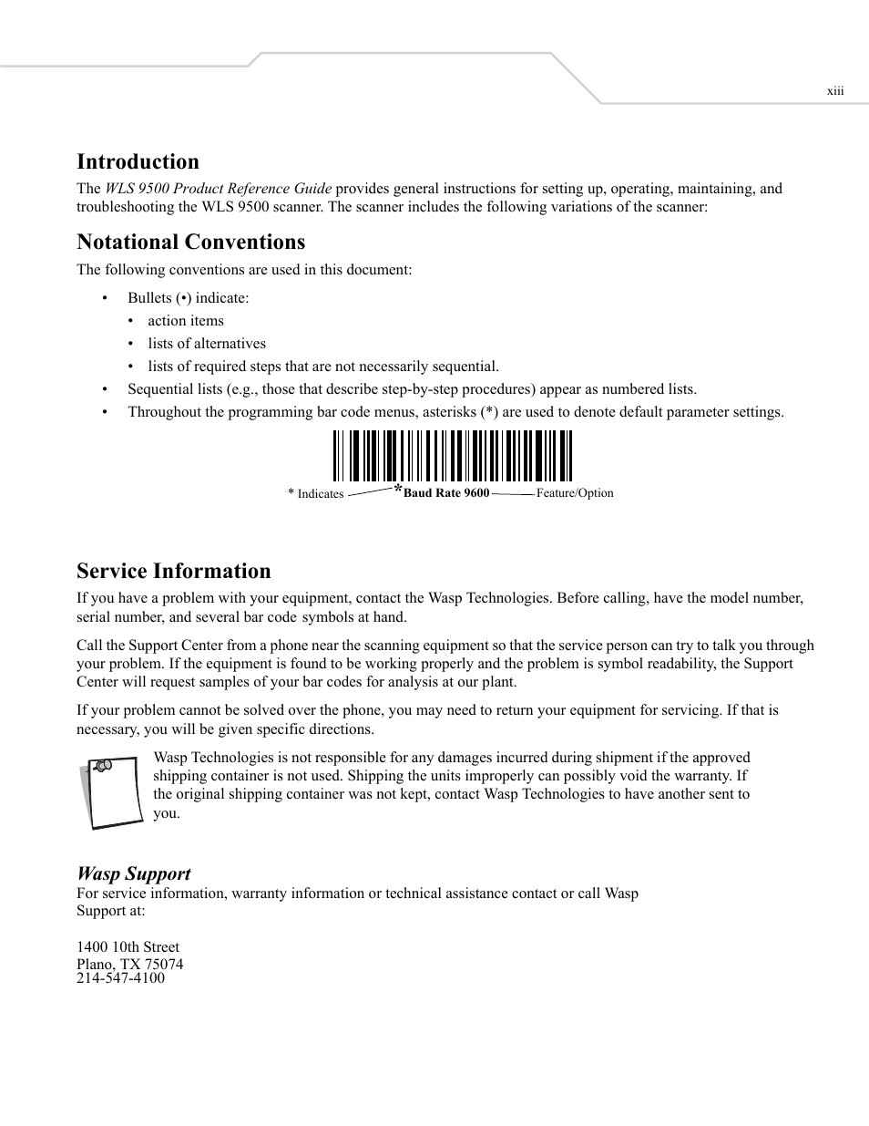 Getting started, Introduction, Notational conventions | Service information | Wasp Bar Code WLS 9500 User Manual | Page 13 / 189