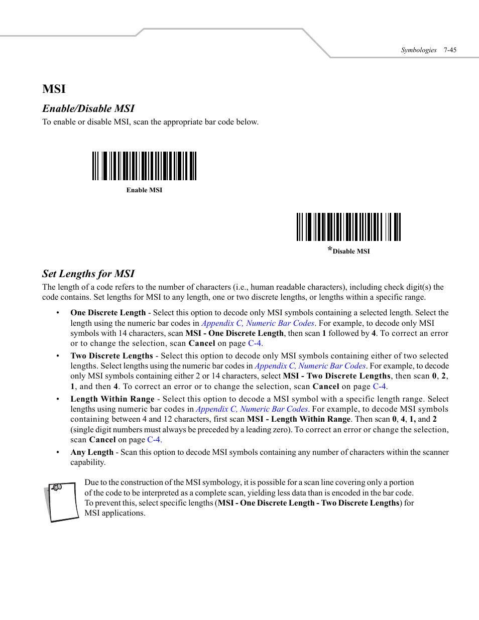 Enable/disable msi, Set lengths for msi | Wasp Bar Code WLS 9500 User Manual | Page 133 / 189