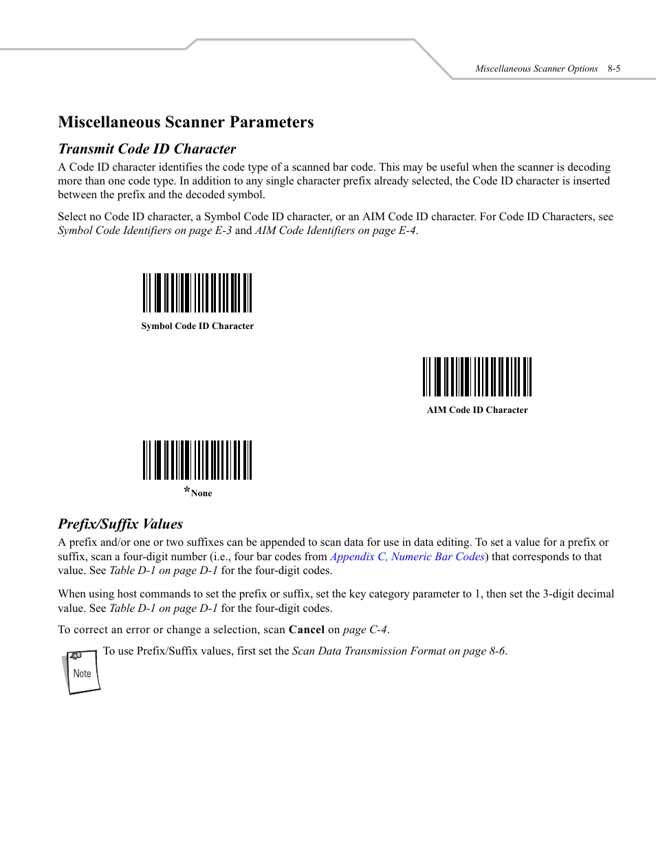 Miscellaneous scanner parameters, Transmit code id character, Prefix/suffix values | Wasp Bar Code WLS 9500 User Manual | Page 147 / 189