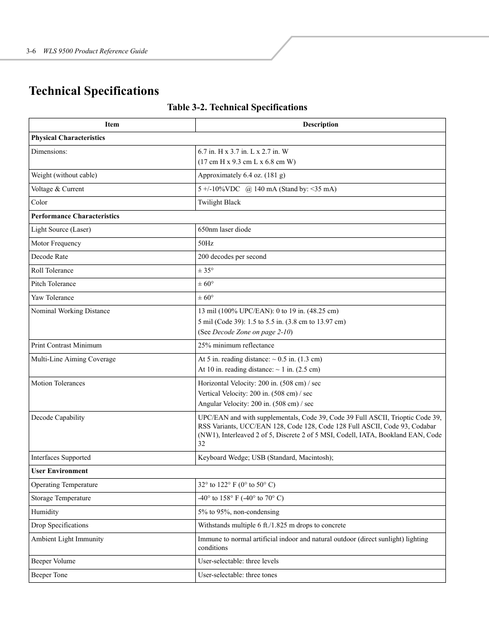 Technical specifications, Table 3-2. technical specifications | Wasp Bar Code WLS 9500 User Manual | Page 34 / 189