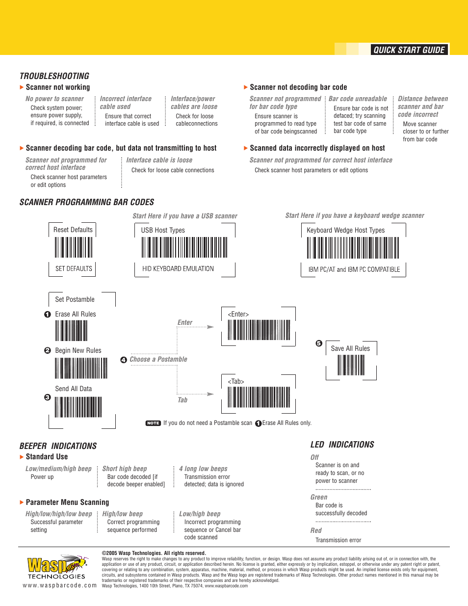 Led indications, Quick start guide | Wasp Bar Code DuraLine WLS 8400 ER/FZ Series User Manual | Page 3 / 4