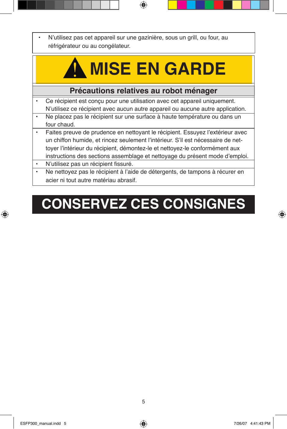 Mise en garde, Conservez ces consignes, Précautions relatives au robot ménager | West Bend ESFP300 User Manual | Page 15 / 31