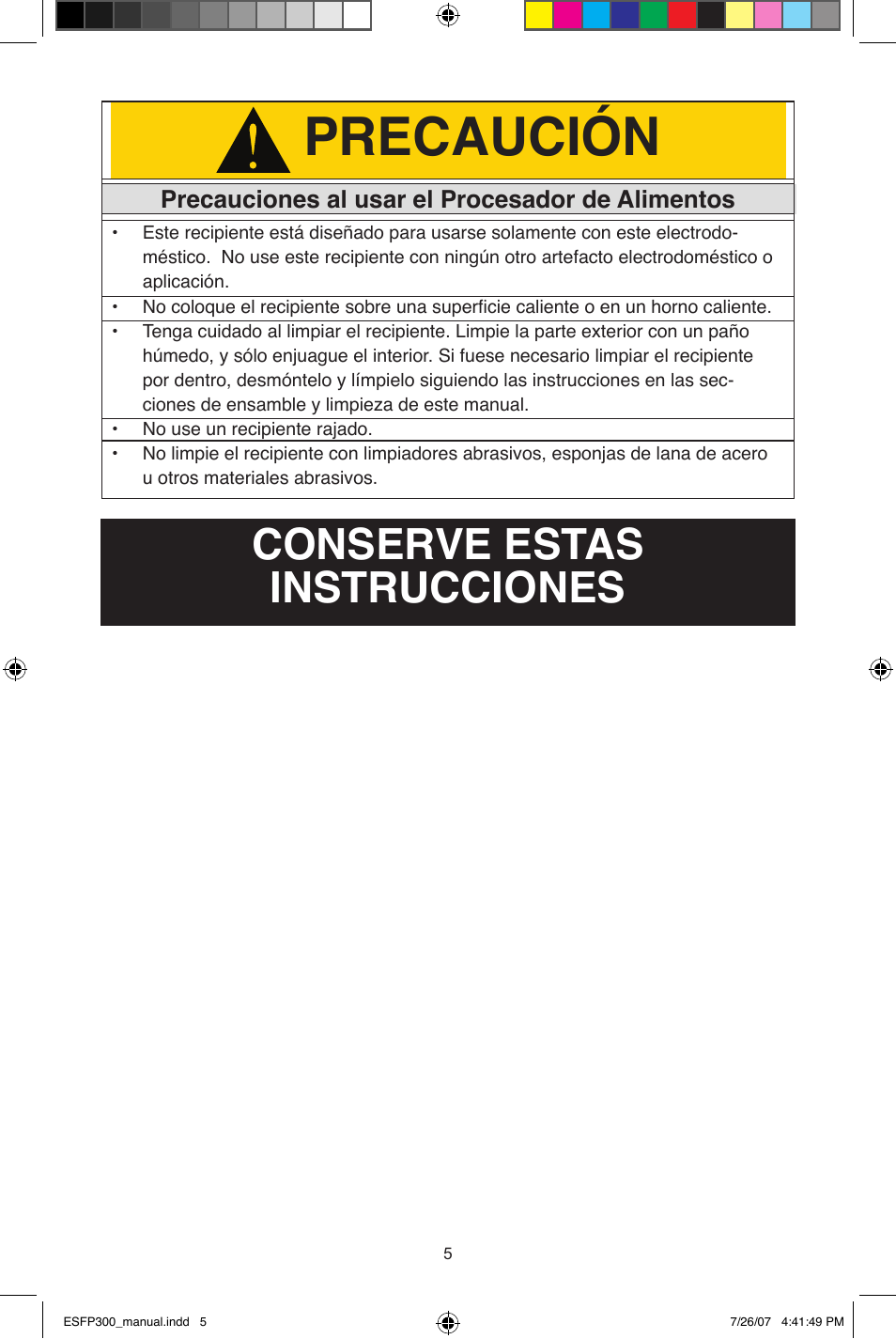 Precaución, Conserve estas instrucciones | West Bend ESFP300 User Manual | Page 26 / 31