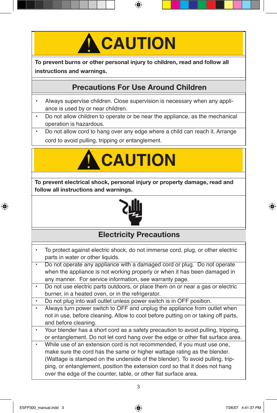 Caution, Electricity precautions, Precautions for use around children | West Bend ESFP300 User Manual | Page 3 / 31
