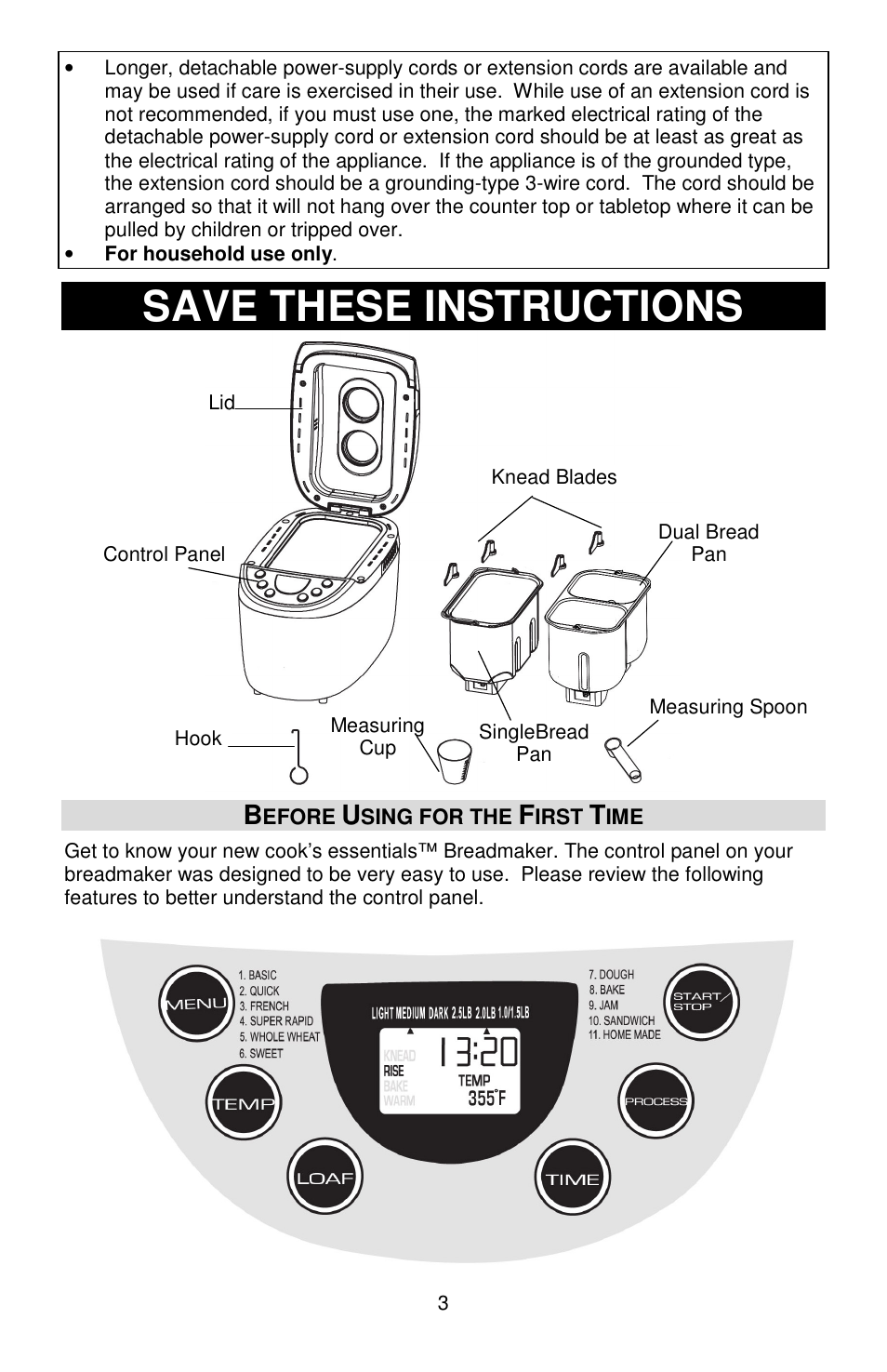 Save these instructions | West Bend cook's essentials L5815 User Manual | Page 3 / 24