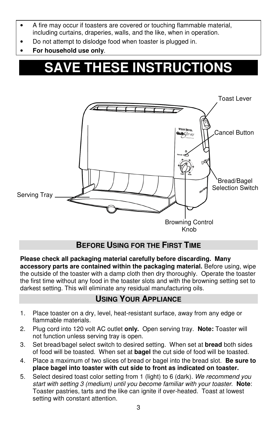 Save these instructions | West Bend 643-050 User Manual | Page 3 / 20