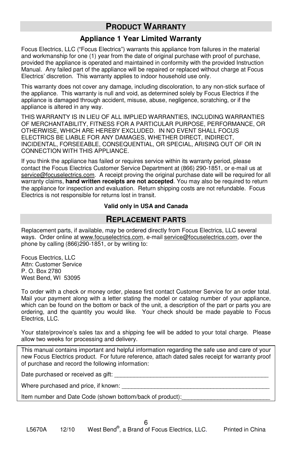 Appliance 1 year limited warranty | West Bend 643-050 User Manual | Page 6 / 20