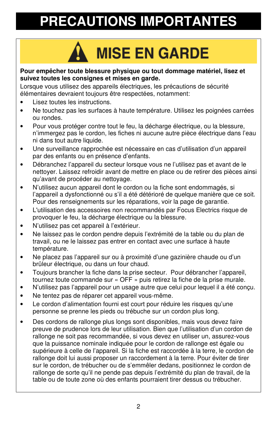 Precautions importantes | West Bend 643-050 User Manual | Page 9 / 20