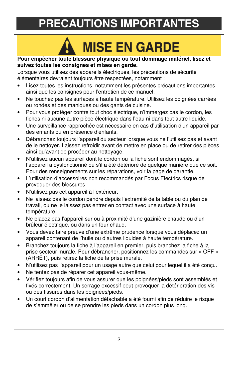 Precautions importantes | West Bend 76225 User Manual | Page 10 / 24