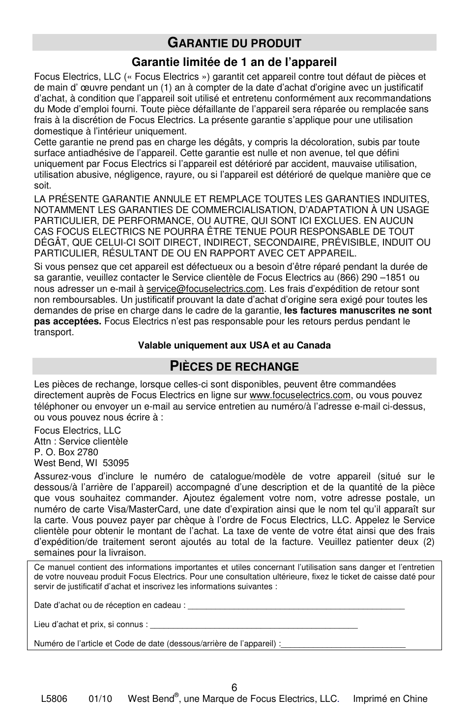Garantie limitée de 1 an de l’appareil | West Bend L5806 User Manual | Page 12 / 20