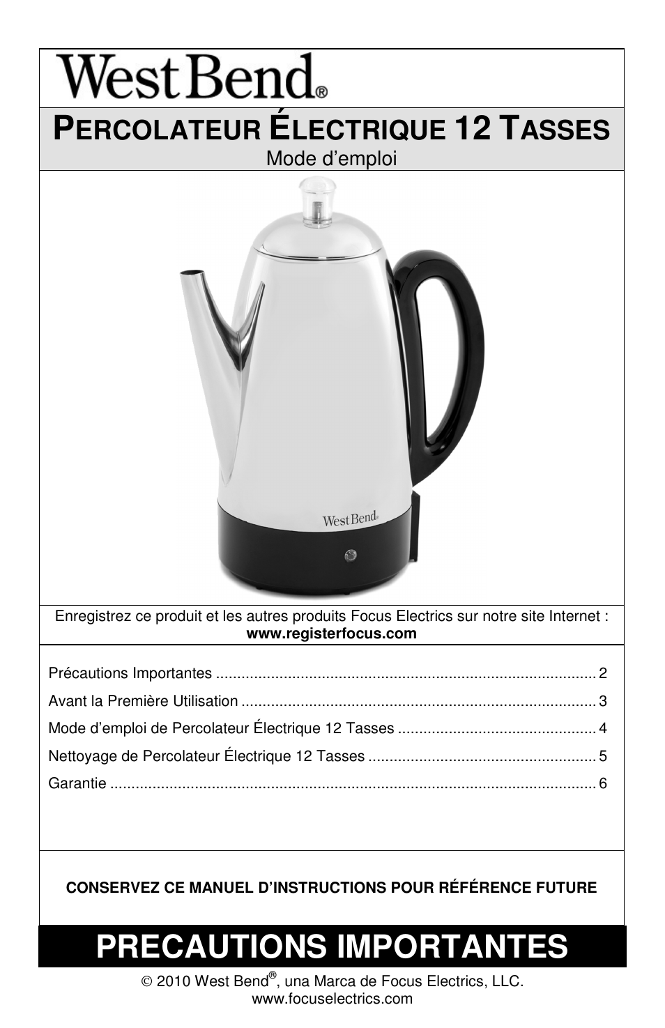 Precautions importantes, Ercolateur, Lectrique | Asses | West Bend L5806 User Manual | Page 7 / 20