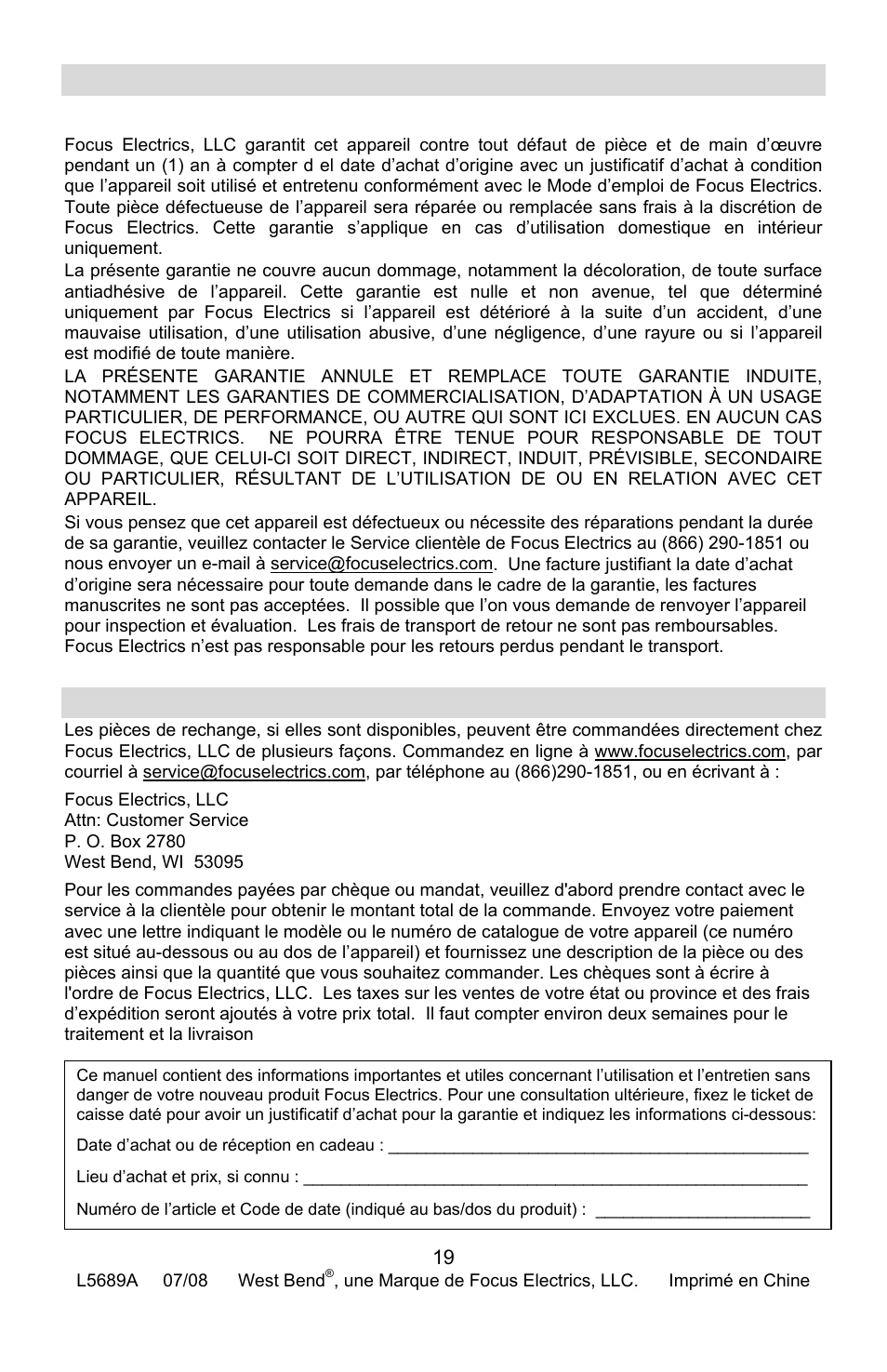 Garantie du produit, Garantie limitée d’1 an de l’appareil, Pièces de rechange | Arantie du produit, Ieces de rechange | West Bend L5689A User Manual | Page 39 / 60