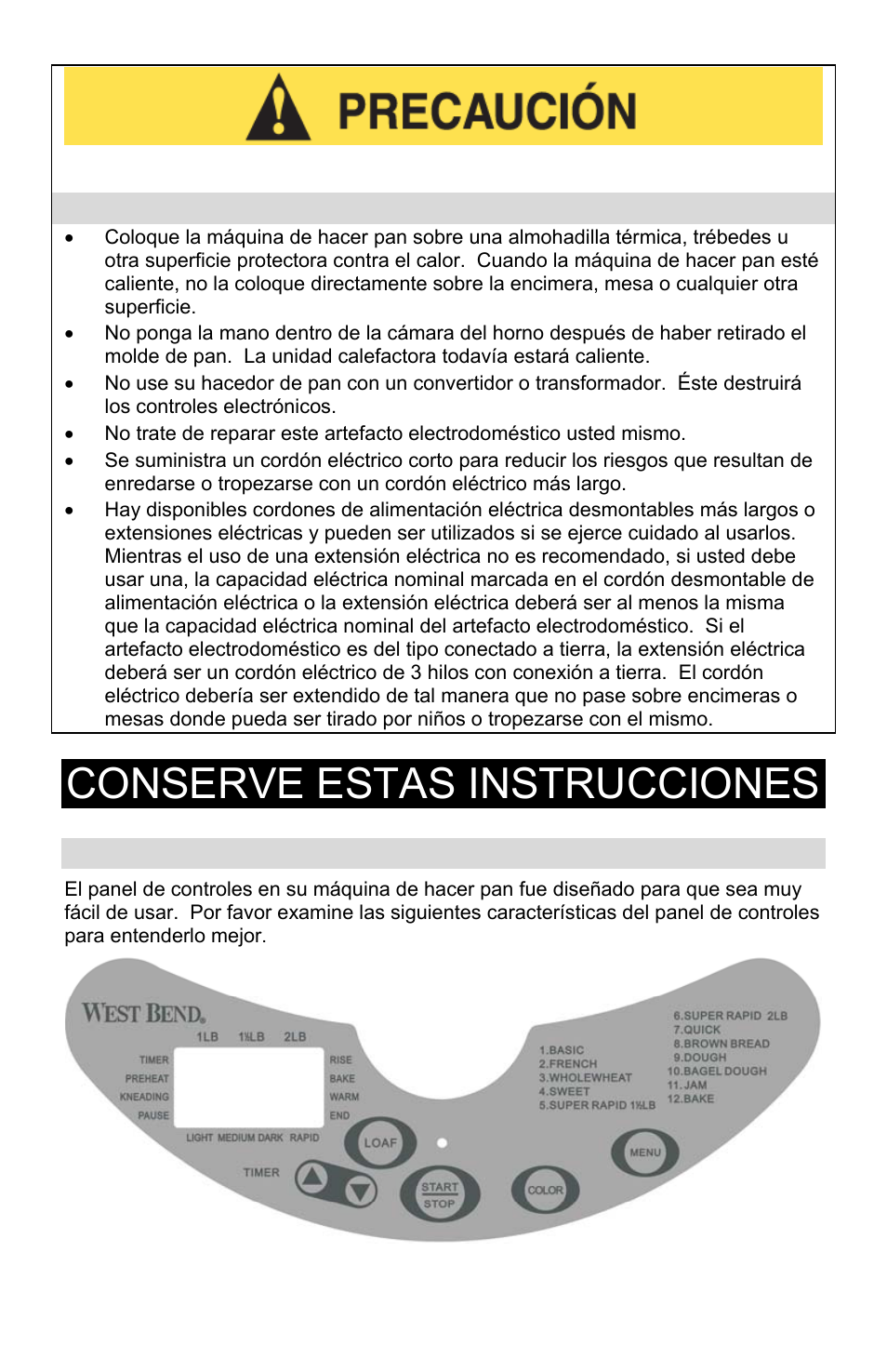 Precauciones de funcionamiento, Conozca a su máquina de hacer pan, Conserve estas instrucciones | West Bend L5689A User Manual | Page 43 / 60