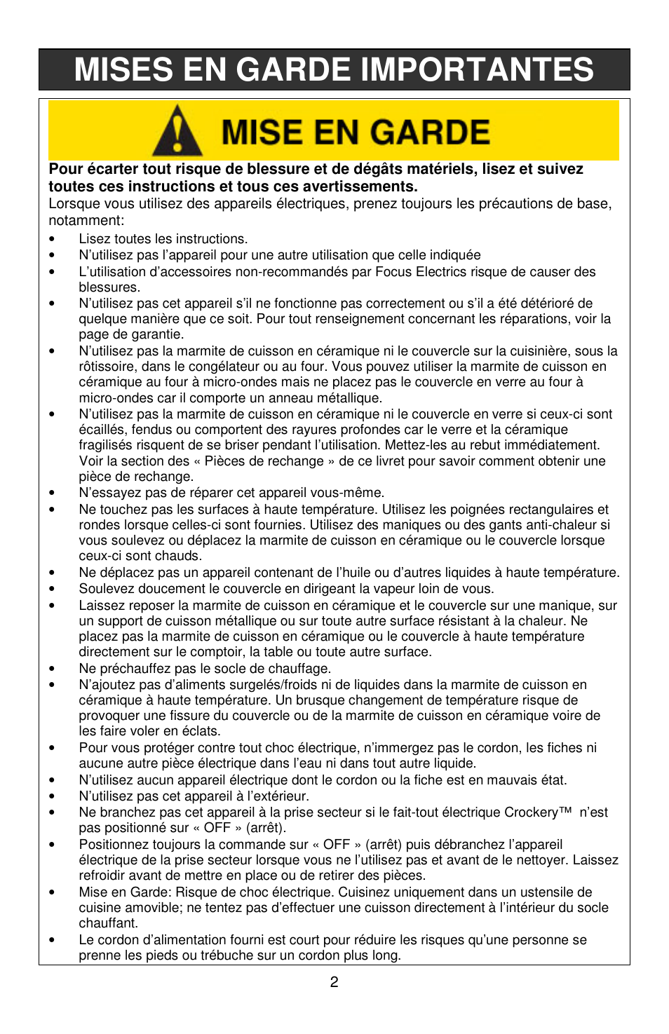 Mises en garde importantes | West Bend Crockery 84306 User Manual | Page 11 / 28