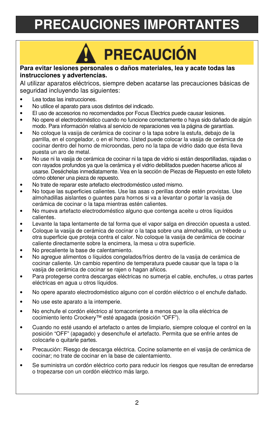 Precauciones importantes | West Bend Crockery 84306 User Manual | Page 20 / 28