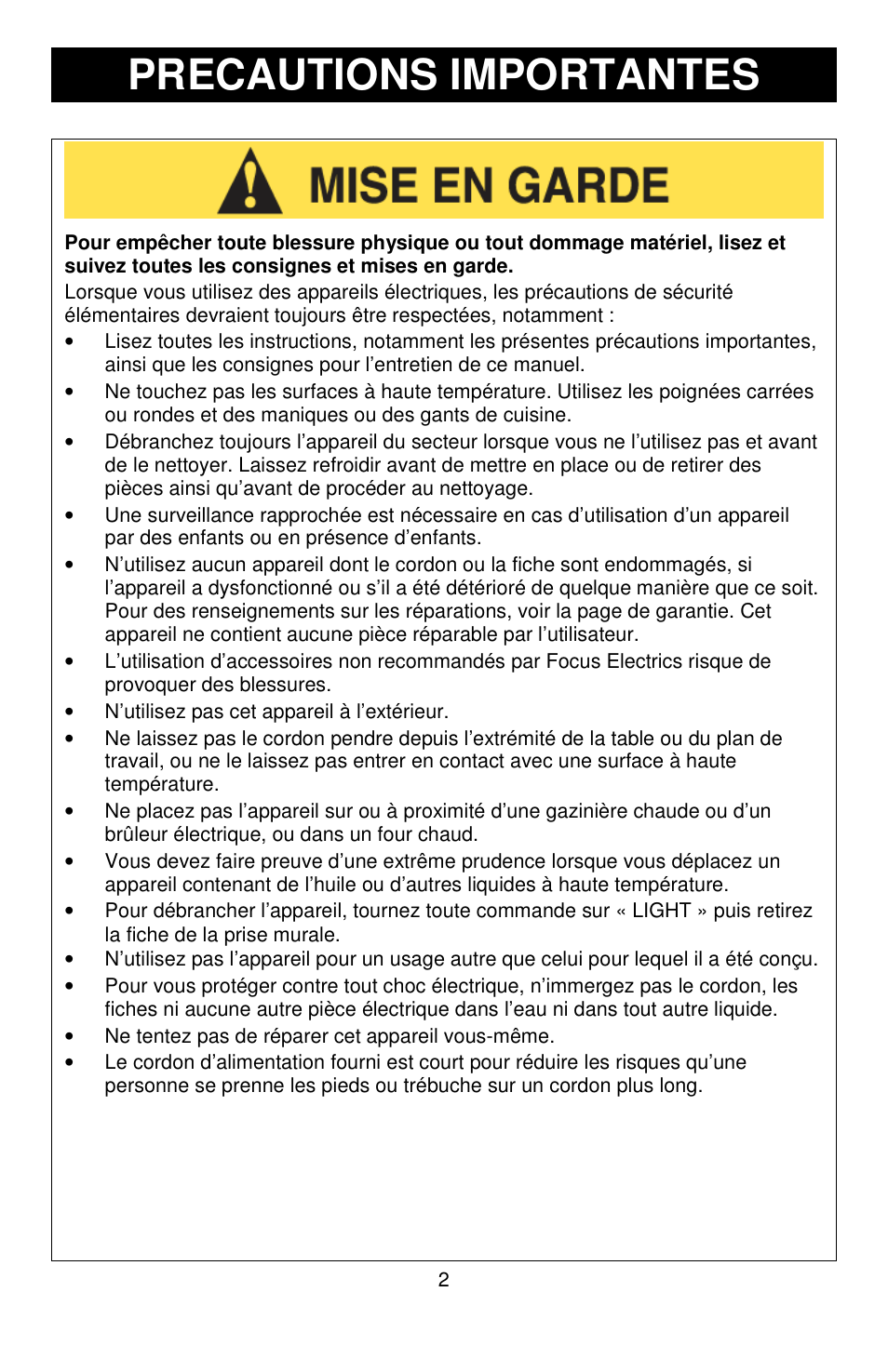 Precautions importantes | West Bend HI-RISE 6200 User Manual | Page 11 / 28