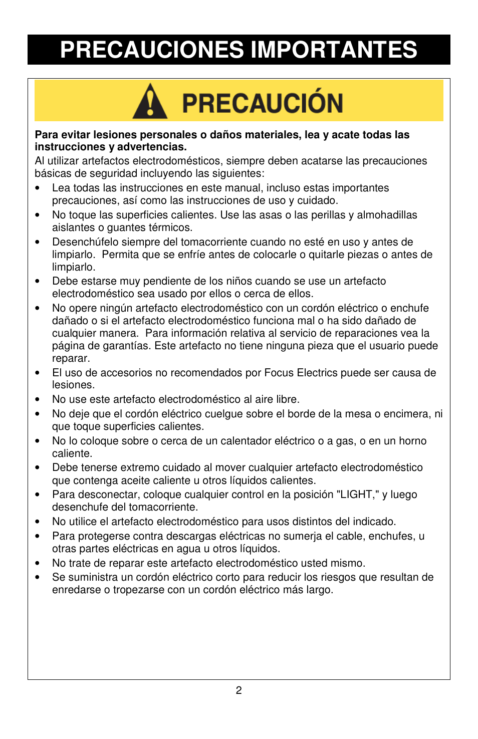 Precauciones importantes | West Bend HI-RISE 6200 User Manual | Page 21 / 28