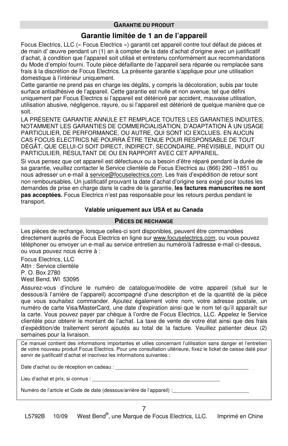 Garantie limitée de 1 an de l’appareil | West Bend Air Crazy L5792B User Manual | Page 13 / 20
